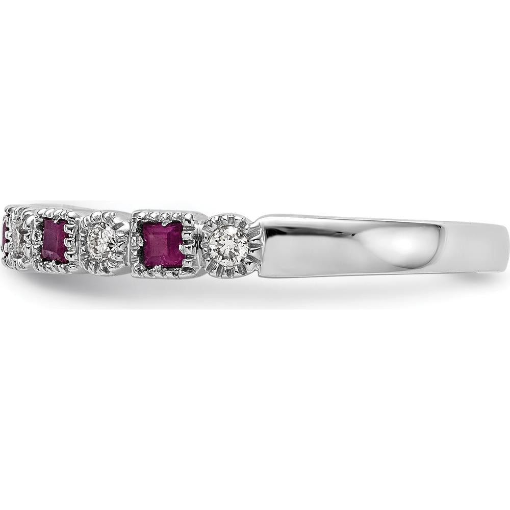 14K White Gold Band with Princess Cut Rubies and Round Diamonds - 0.04 Carat Ruby, 0.015 Carat Diamond Total Weight by 0