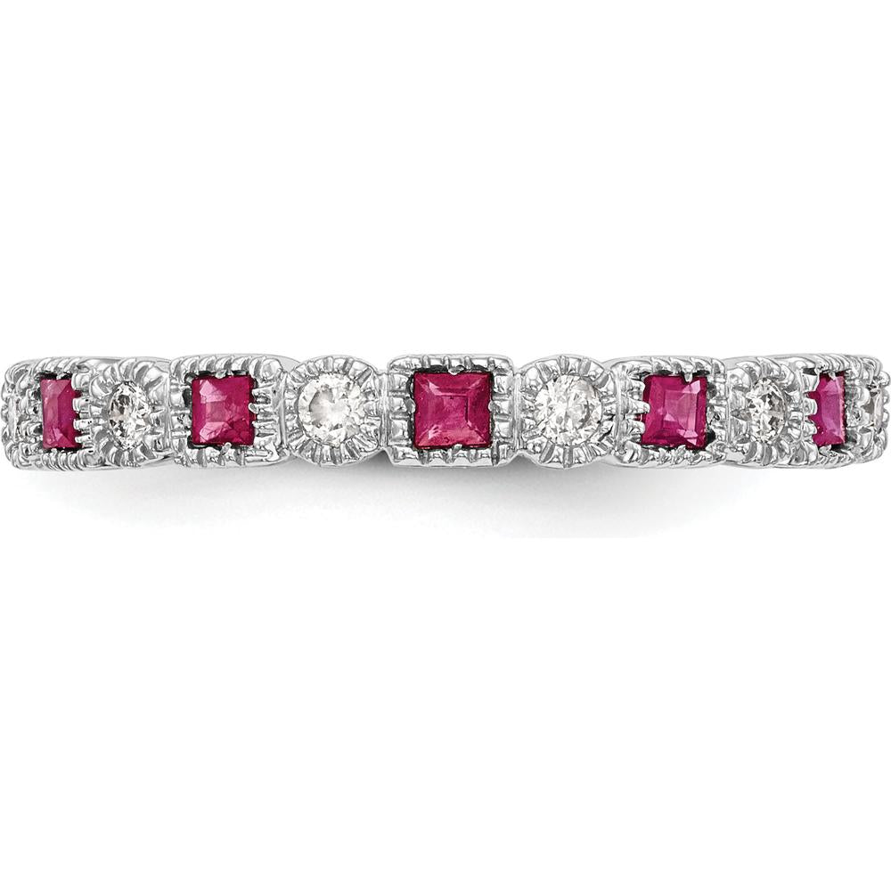 14K White Gold Band with Princess Cut Rubies and Round Diamonds - 0.04 Carat Ruby, 0.015 Carat Diamond Total Weight by 0
