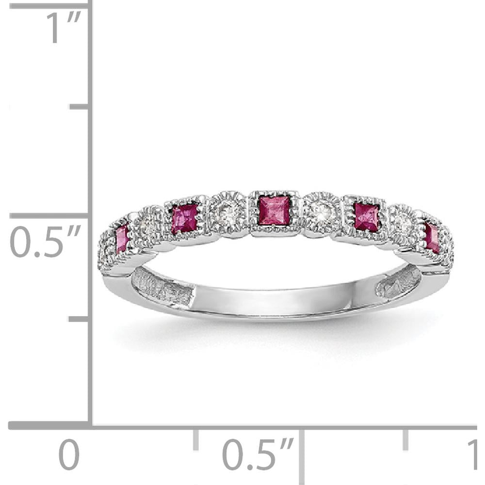 14K White Gold Band with Princess Cut Rubies and Round Diamonds - 0.04 Carat Ruby, 0.015 Carat Diamond Total Weight by 0