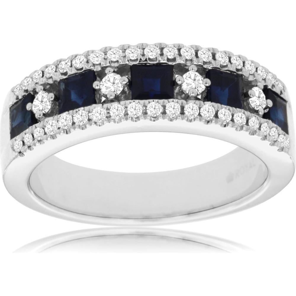 14K White Gold Band with Princess Cut Sapphires (1.00ctw) and Round Diamonds (0.32ctw) - Royal Jewelry
