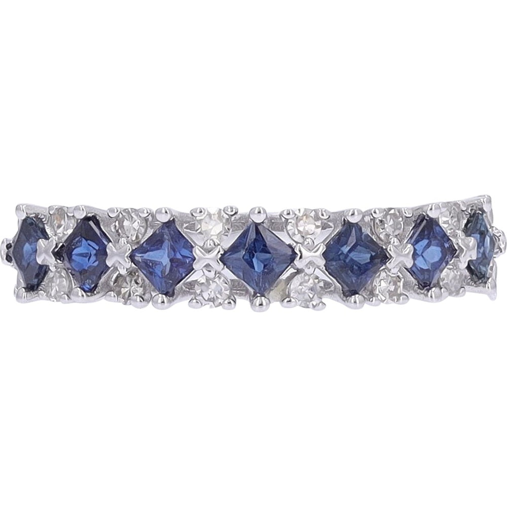 14K White Gold Band with Princess-Cut Sapphires and Round Diamond Accents - 0.25 Carat Total Diamond Weight