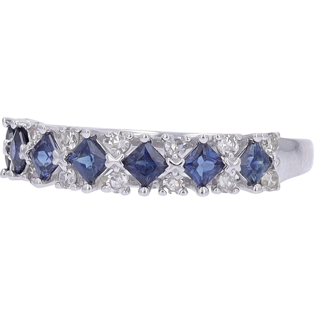 14K White Gold Band with Princess-Cut Sapphires and Round Diamond Accents - 0.25 Carat Total Diamond Weight