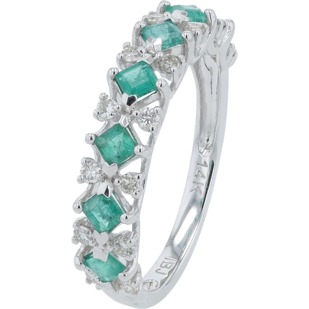 14K White Gold Band with Prong-Set Emeralds and Diamond Accents - 0.25 Carats Total Gemstone Weight