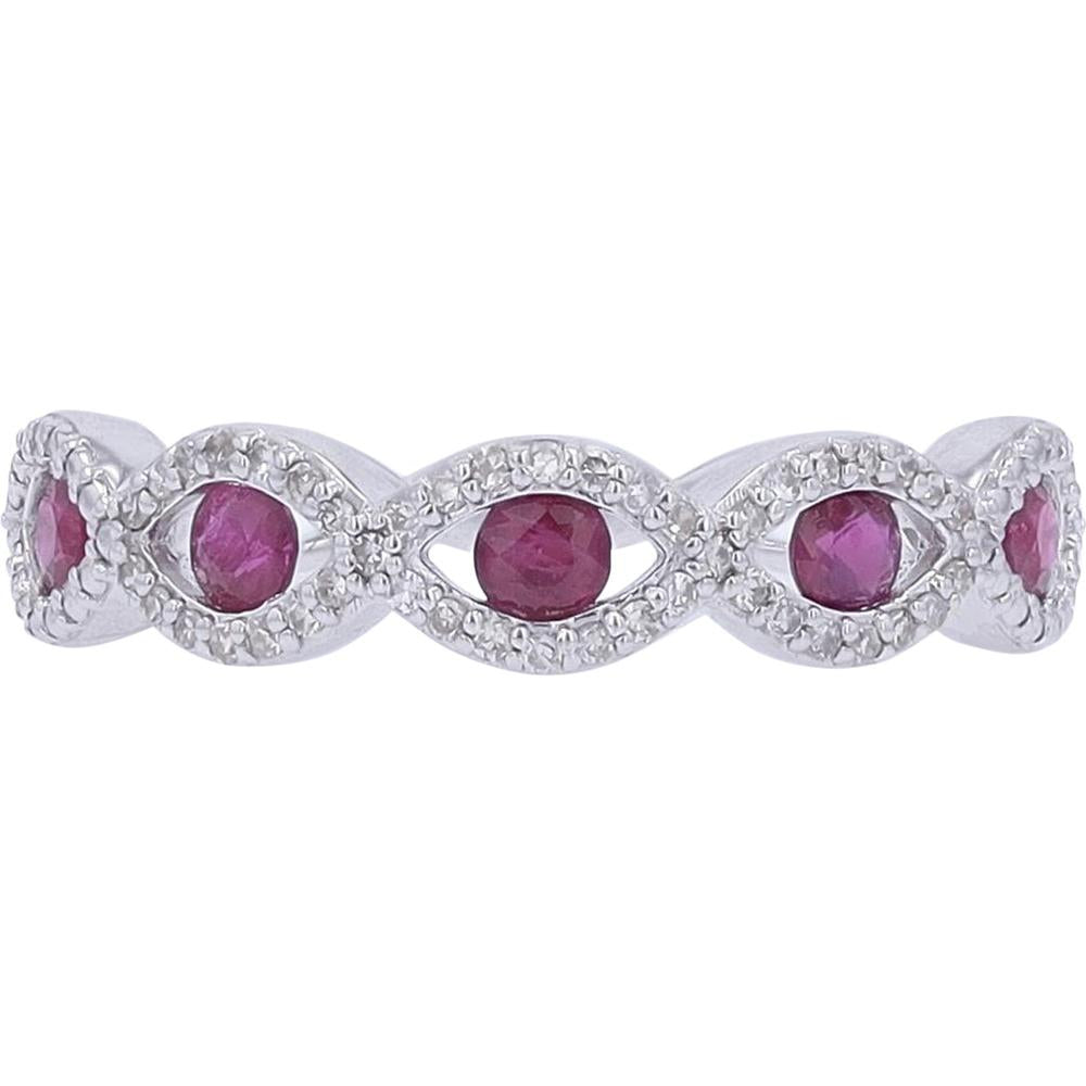 14K White Gold Band with Round Rubies and Diamond Halo - 0.13 Carats Total Diamond Weight