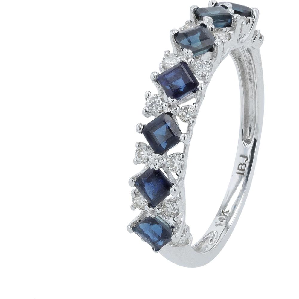 14K White Gold Band with Square-Cut Sapphires and Diamond Accents - 0.25 Carats Total Gemstone Weight