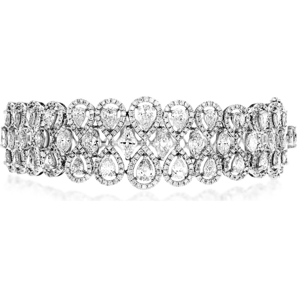 14K White Gold Bangle Bracelet with Halo Set Pear Shaped Diamonds and Milgrain Detail - 7.20 Carat Total Diamond Weight - Royal Jewelry