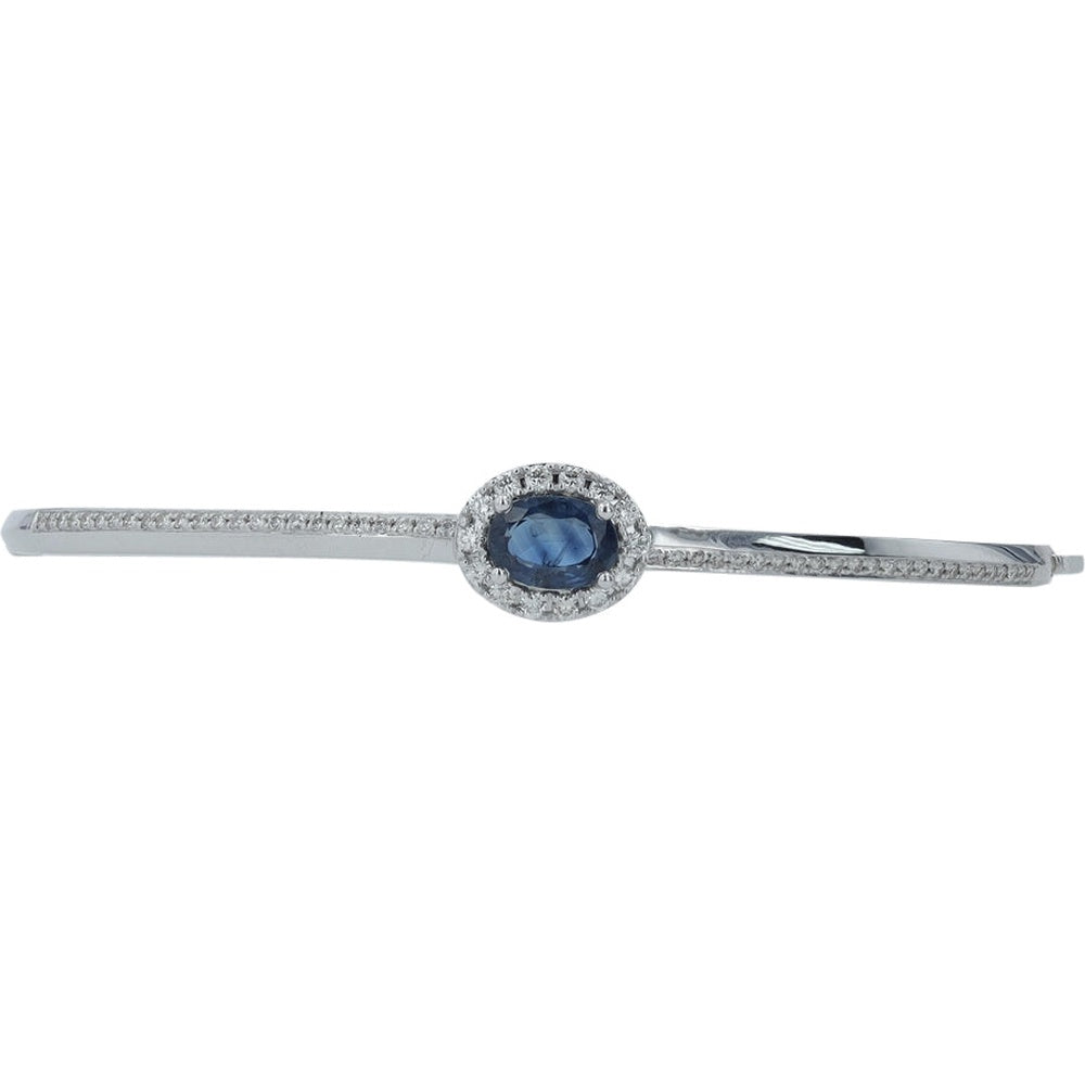 14K White Gold Bangle Bracelet with Halo Set Round Sapphire and Pavé Diamonds - 1.50 Carat Sapphire and 0.50 Carat Total Diamond Weight