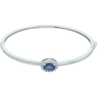 14K White Gold Bangle Bracelet with Halo Set Round Sapphire and Pavé Diamonds - 1.50 Carat Sapphire and 0.50 Carat Total Diamond Weight