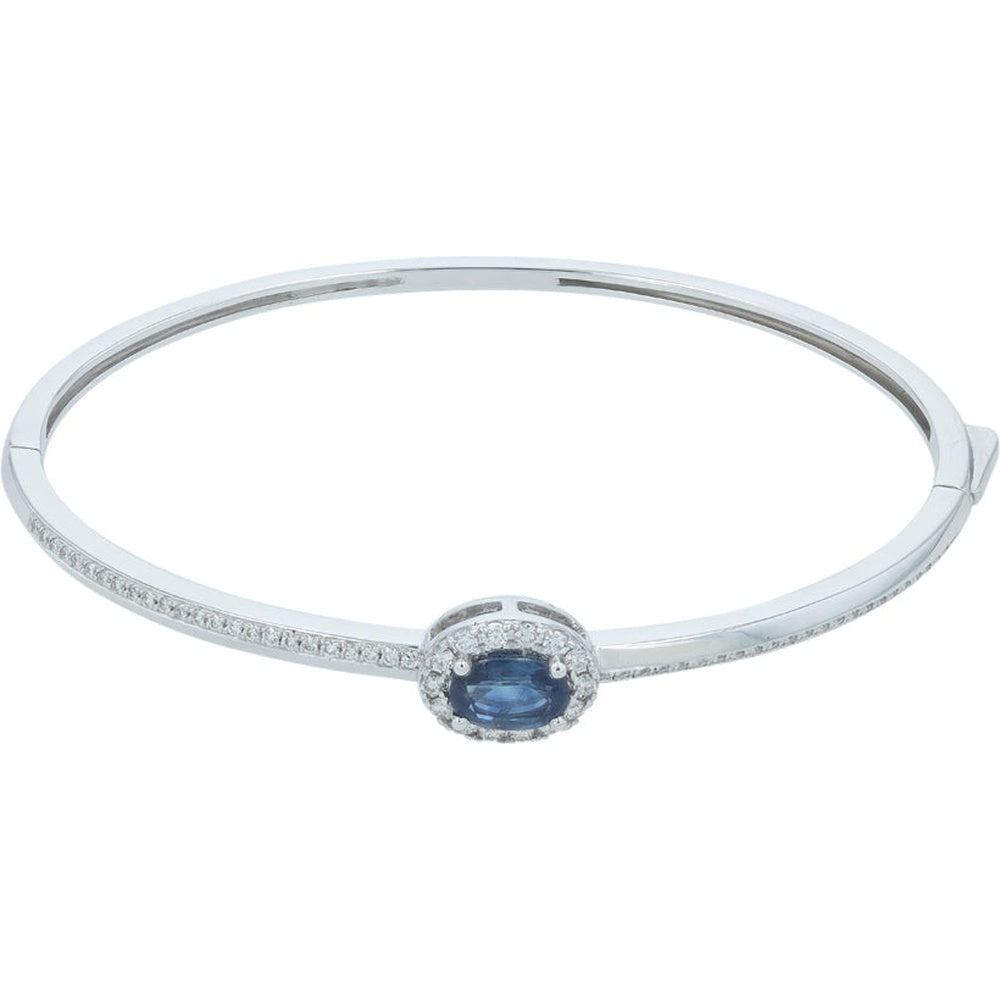 14K White Gold Bangle Bracelet with Halo Set Round Sapphire and Pavé Diamonds - 1.50 Carat Sapphire and 0.50 Carat Total Diamond Weight