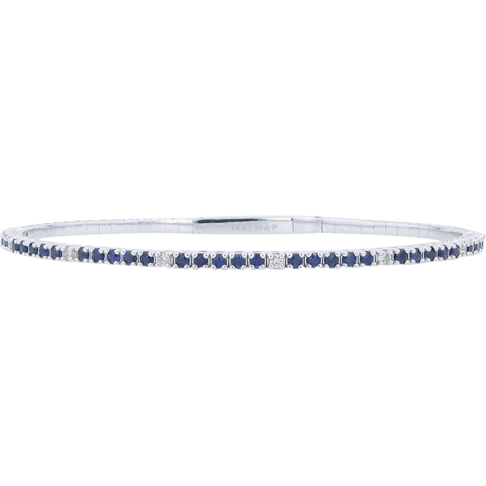 14K White Gold Bangle Bracelet with Prong-Set Round Blue Sapphires and Diamond Accents - 1.20 Carat Sapphire Weight and 0.15 Carat Diamond Weight