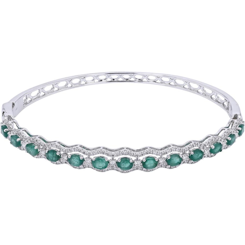 14K White Gold Bangle with 2.50 Carats Emeralds and 0.93 Carats Diamonds