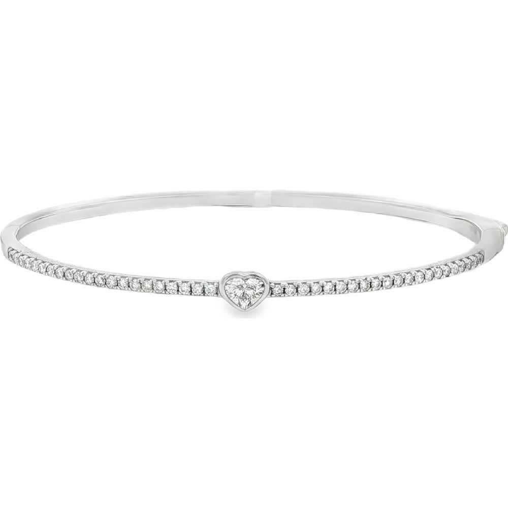 14K White Gold Bangle with Bezel-Set Heart Diamond and Pavé Round Diamonds - 0.71 Carat Total Diamond Weight by Auriventus
