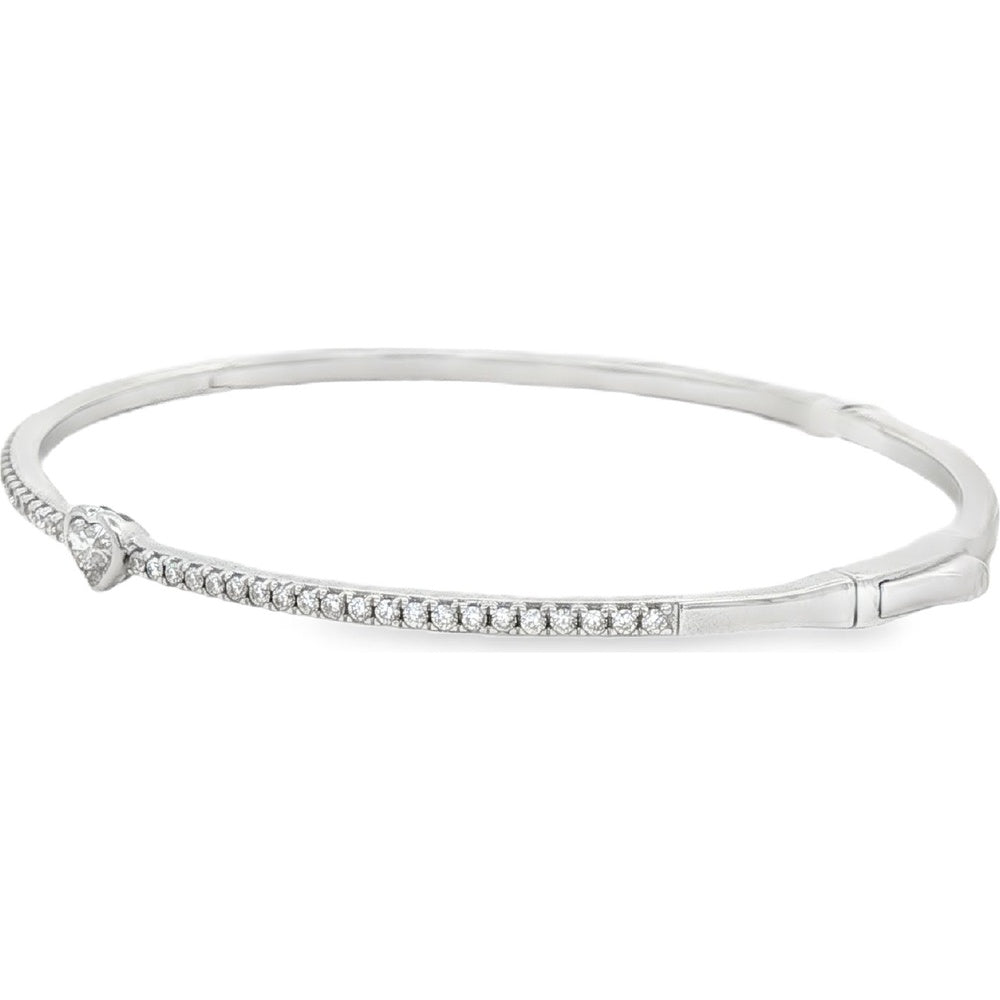 14K White Gold Bangle with Bezel-Set Heart Diamond and Pavé Round Diamonds - 0.71 Carat Total Diamond Weight by Auriventus