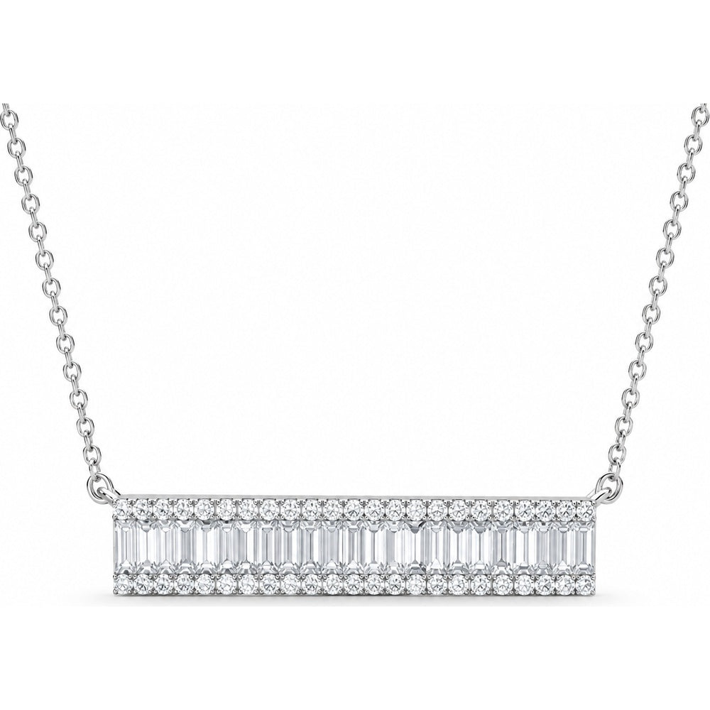 14K White Gold Bar Necklace with Three-Row Round and Baguette Diamonds - 0.73 Carat Total Diamond Weight by Auriventus