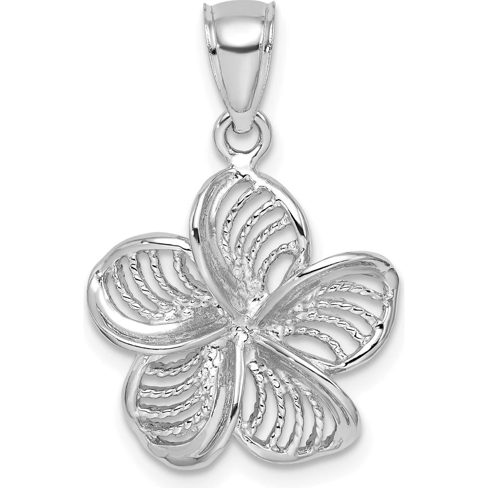 14K White Gold Beaded and Polished Plumeria Flower Charm - Rhodium Plated 15.35mm by Oro Pregiato