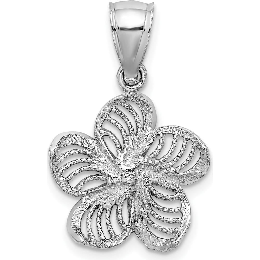 14K White Gold Beaded and Polished Plumeria Flower Charm - Rhodium Plated 15.35mm by Oro Pregiato