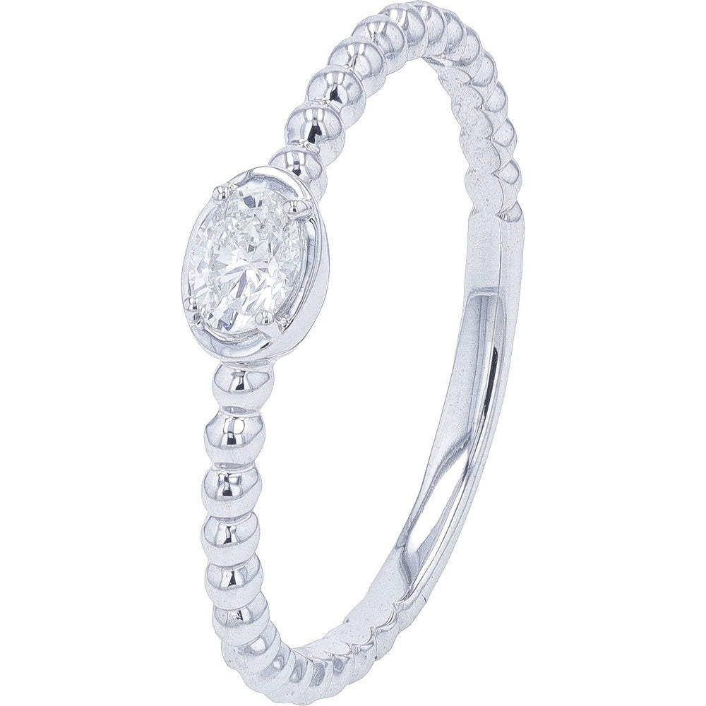 14K White Gold Beaded Band Oval Diamond Solitaire Ring - 0.15 Carat Total Diamond Weight