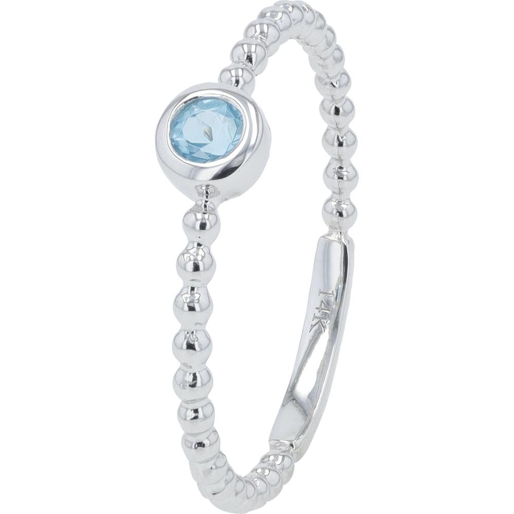14K White Gold Beaded Band Ring with 0.18 Carat Blue Topaz Center Stone