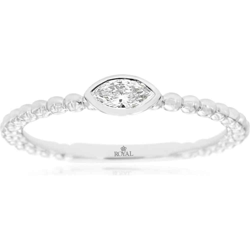 14K White Gold Beaded Band Ring with Bezel-Set Marquise Cut Diamond - 0.14 Carat Total Diamond Weight - Royal Jewelry