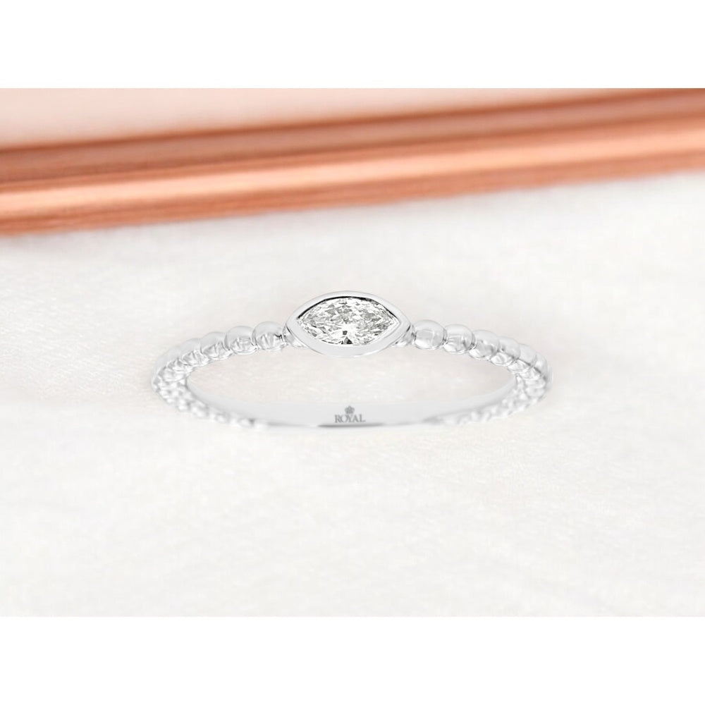 14K White Gold Beaded Band Ring with Bezel-Set Marquise Cut Diamond - 0.14 Carat Total Diamond Weight - Royal Jewelry