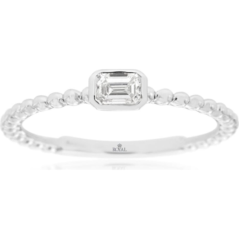 14K White Gold Beaded Bezel-Set Emerald Cut Diamond Ring - 0.20 Carat Total Diamond Weight - Royal Jewelry