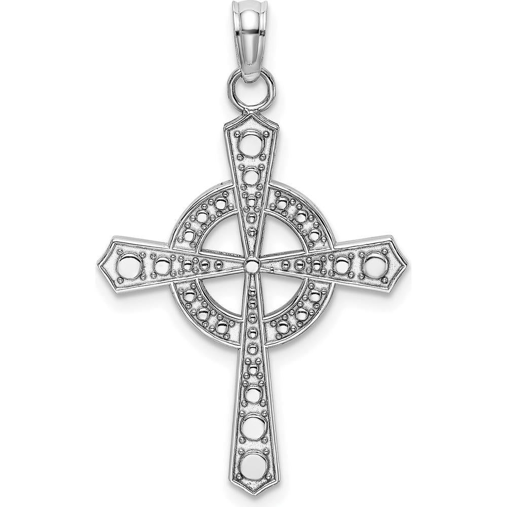 14K White Gold Beaded Celtic Iona Cross Charm Pendant with Rhodium Plating by Oro Pregiato