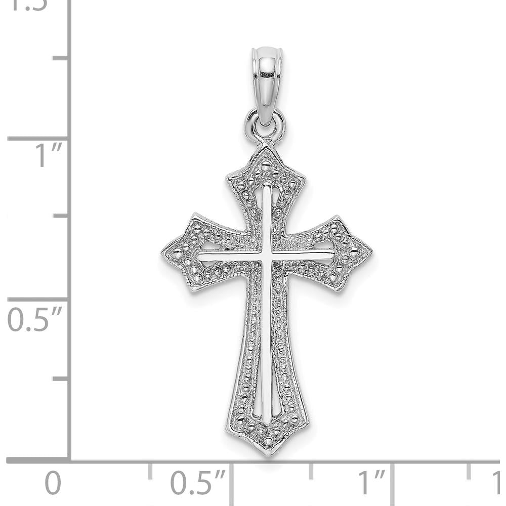 14K White Gold Beaded Cross Pendant - Rhodium Plated Charm by Oro Pregiato