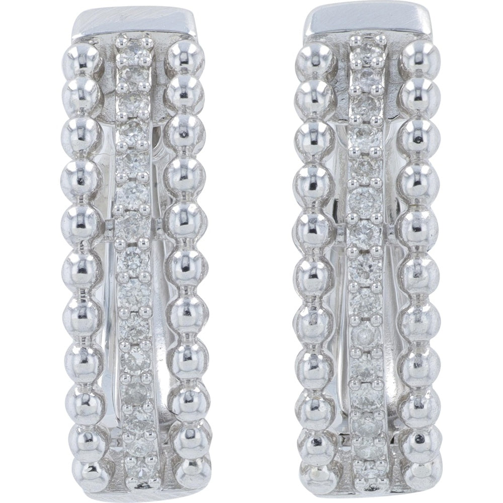 14K White Gold Beaded Edge Diamond Hoop Earrings with Pavé Set Round Diamonds - 0.16 Carat Total Diamond Weight