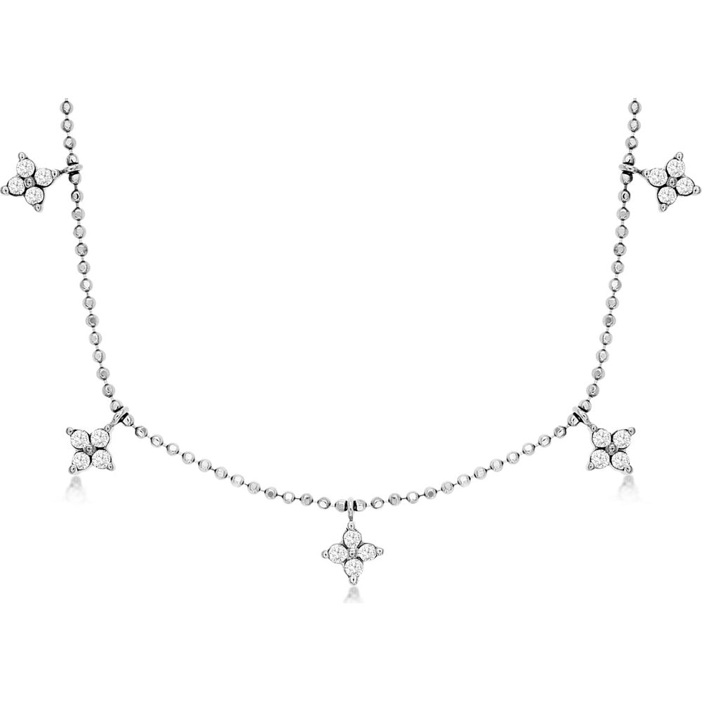14K White Gold Beaded Station Necklace with Floral Motif Round Diamond Clusters - 0.50 Carat Total Diamond Weight - Royal Jewelry