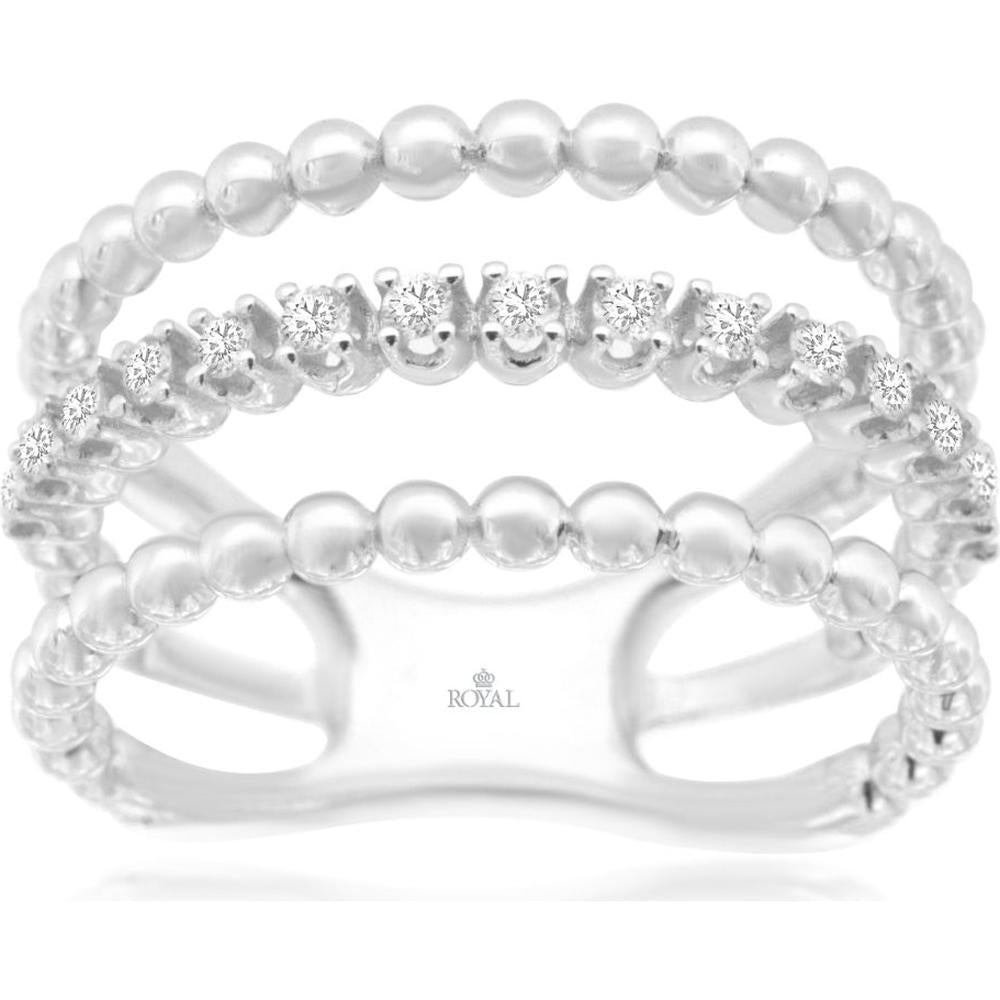 14K White Gold Beaded Triple-Row Diamond Wedding Band with Round Brilliant Cut Diamonds - 0.23 Carat Total Diamond Weight - Royal Jewelry