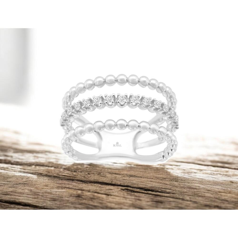 14K White Gold Beaded Triple-Row Diamond Wedding Band with Round Brilliant Cut Diamonds - 0.23 Carat Total Diamond Weight - Royal Jewelry