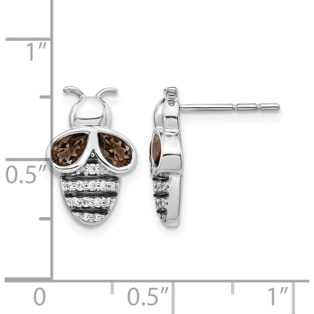 14K White Gold Bee Earrings with Pear Smokey Quartz and Round Diamonds - 0.165 Carats Total Gem Weight by Monteluci Fine Jewelry