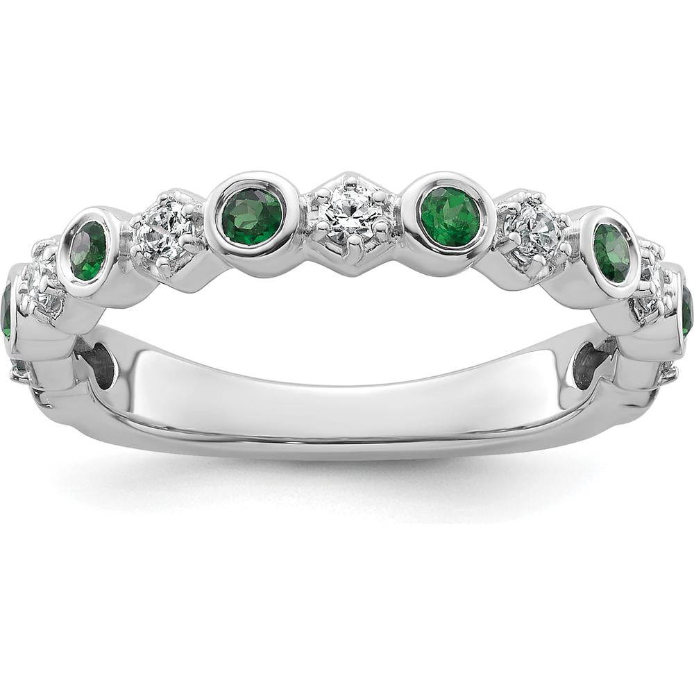 14K White Gold Bezel-Set Alternating Emerald and Diamond Band - Polished Rhodium Finish by 0