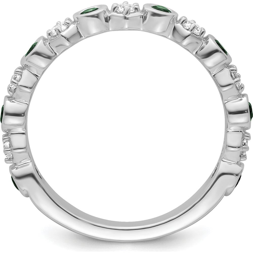 14K White Gold Bezel-Set Alternating Emerald and Diamond Band - Polished Rhodium Finish by 0