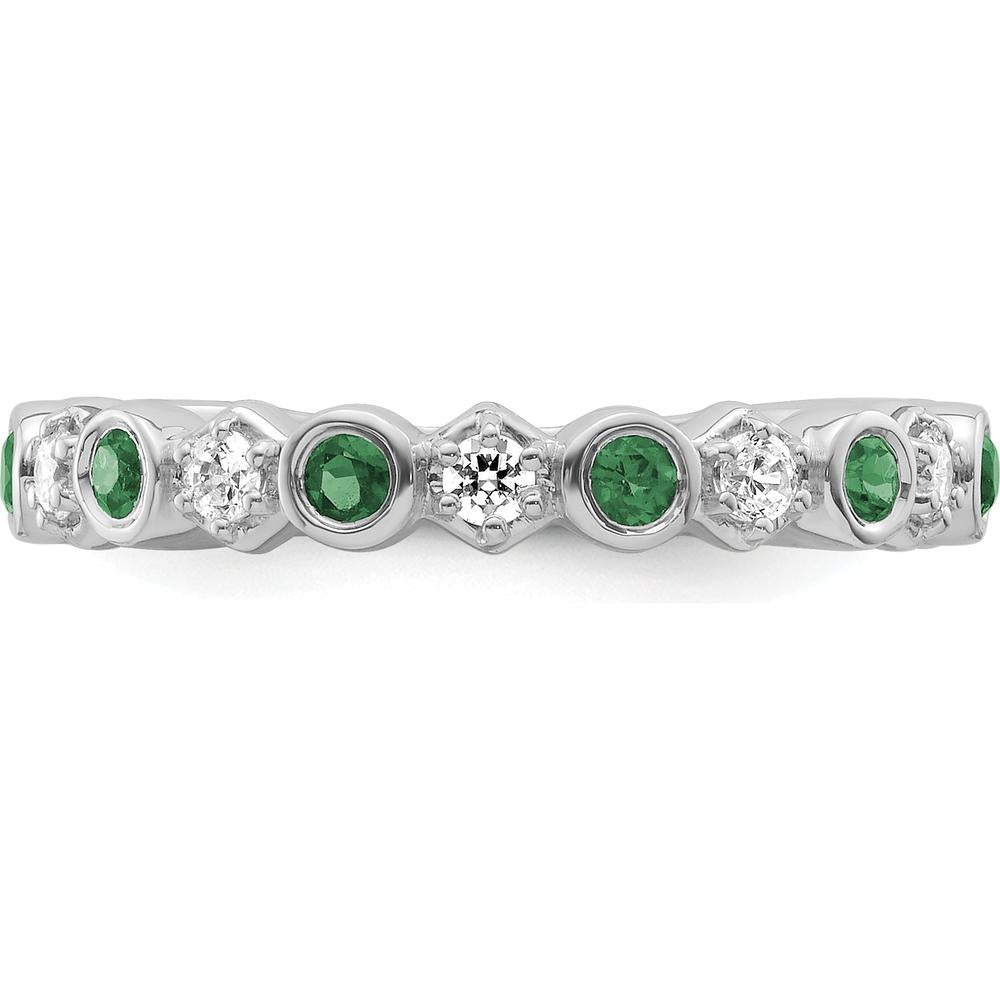 14K White Gold Bezel-Set Alternating Emerald and Diamond Band - Polished Rhodium Finish by 0