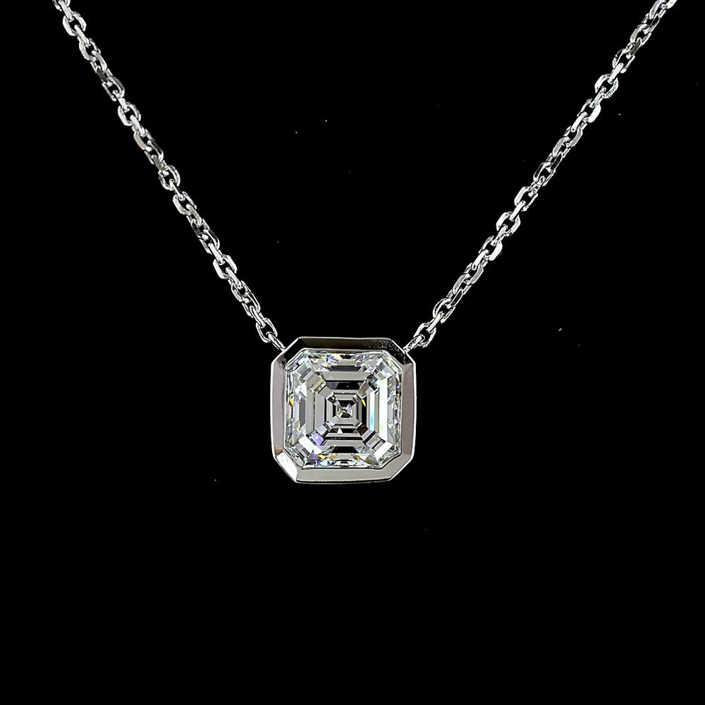 14K White Gold Bezel Set Asscher Cut Lab Diamond Solitaire Pendant - 1.01 Carat D VVS2 IGI Certified - Covaloro Fine Jewelry