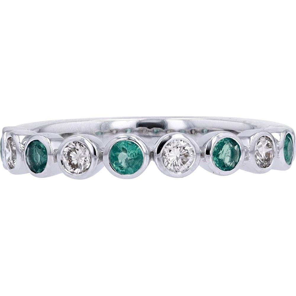 14K White Gold Bezel Set Band with Alternating Round Emeralds and Diamonds - 0.25 Carat Total Diamond Weight