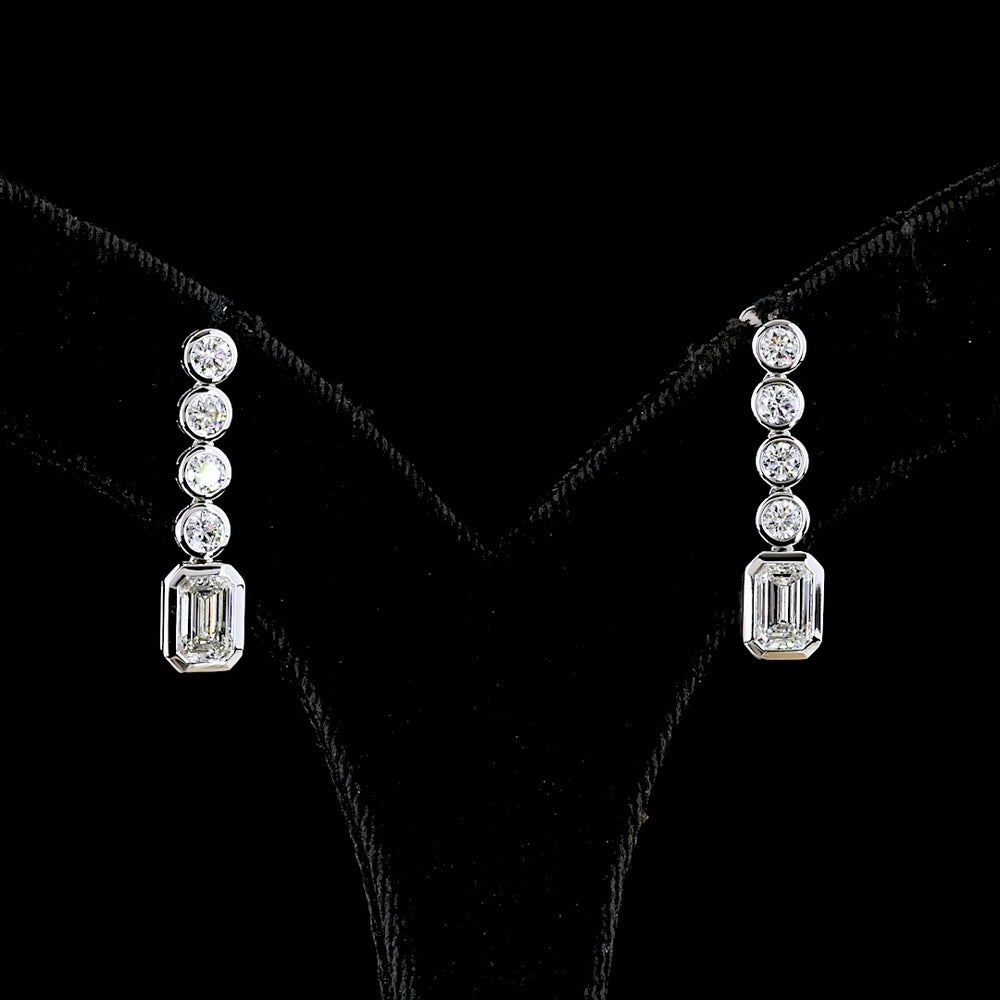 14K White Gold Bezel Set Drop Earrings with Round and Emerald Cut Lab Diamonds - 2.58 Carats Total Diamond Weight - Covaloro Fine Jewelry