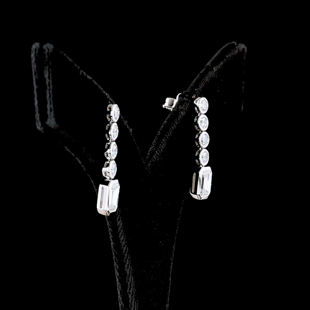 14K White Gold Bezel Set Drop Earrings with Round and Emerald Cut Lab Diamonds - 2.58 Carats Total Diamond Weight - Covaloro Fine Jewelry