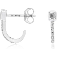 14K White Gold Bezel Set Emerald Cut and Round Diamond Hoop Earrings - 0.22 Carat Total Diamond Weight - Royal Jewelry