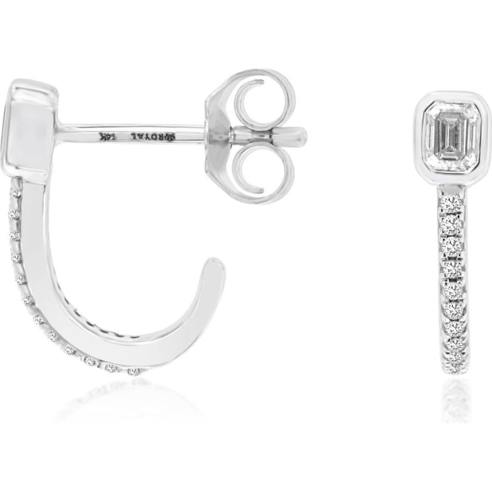 14K White Gold Bezel Set Emerald Cut and Round Diamond Hoop Earrings - 0.22 Carat Total Diamond Weight - Royal Jewelry