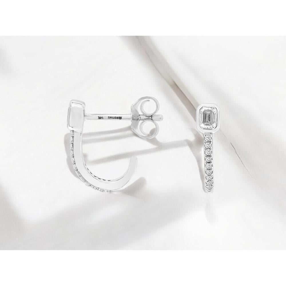 14K White Gold Bezel Set Emerald Cut and Round Diamond Hoop Earrings - 0.22 Carat Total Diamond Weight - Royal Jewelry