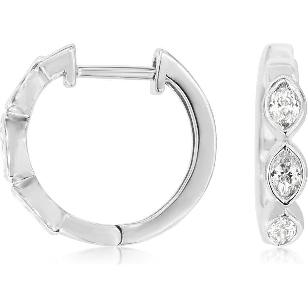 14K White Gold Bezel-Set Marquise and Round Diamond Medium Hoop Earrings - 0.44 Carat Total Diamond Weight - Royal Jewelry