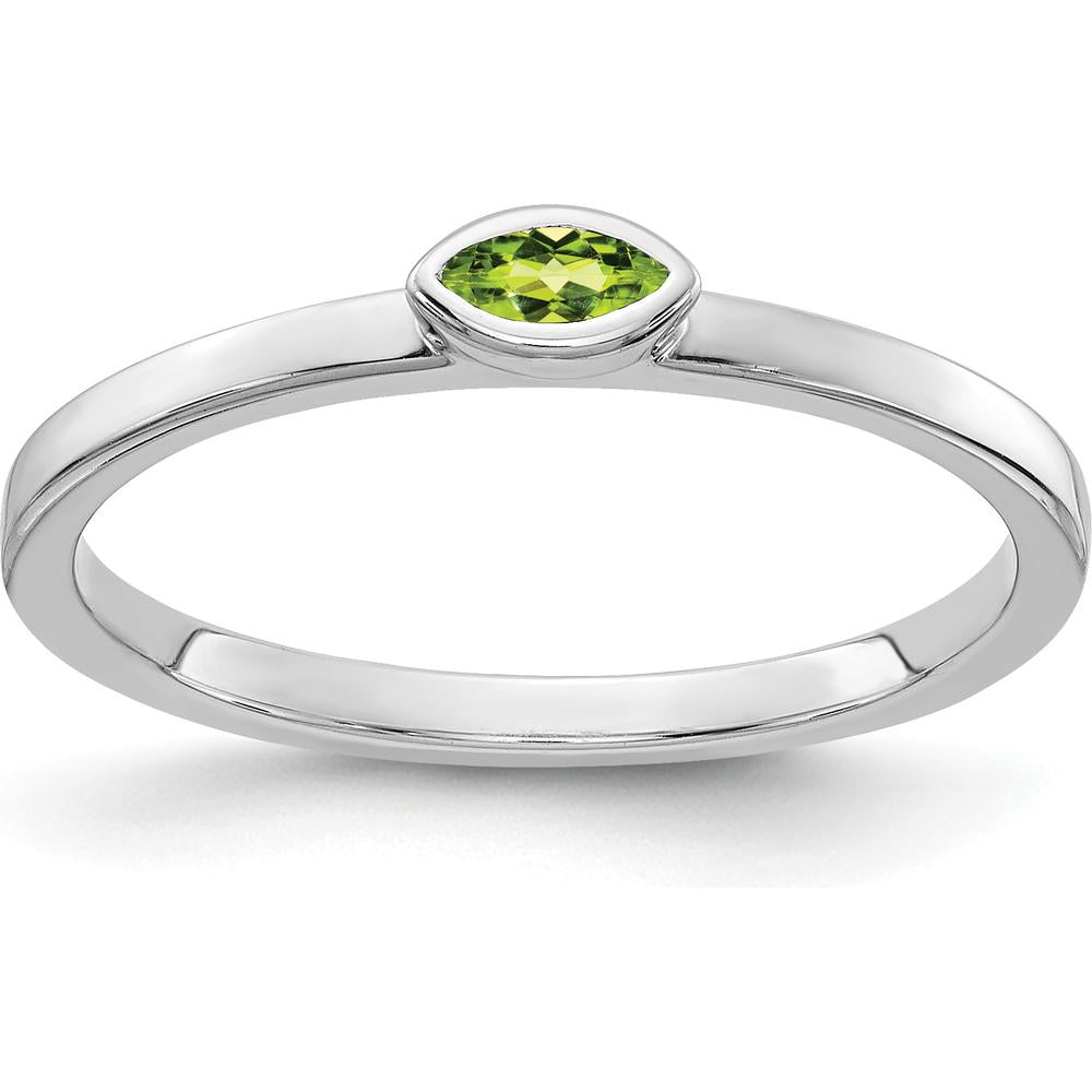 14K White Gold Bezel-Set Marquise Peridot Ring with Natural Green Gemstone - 0.092 Carat by 0