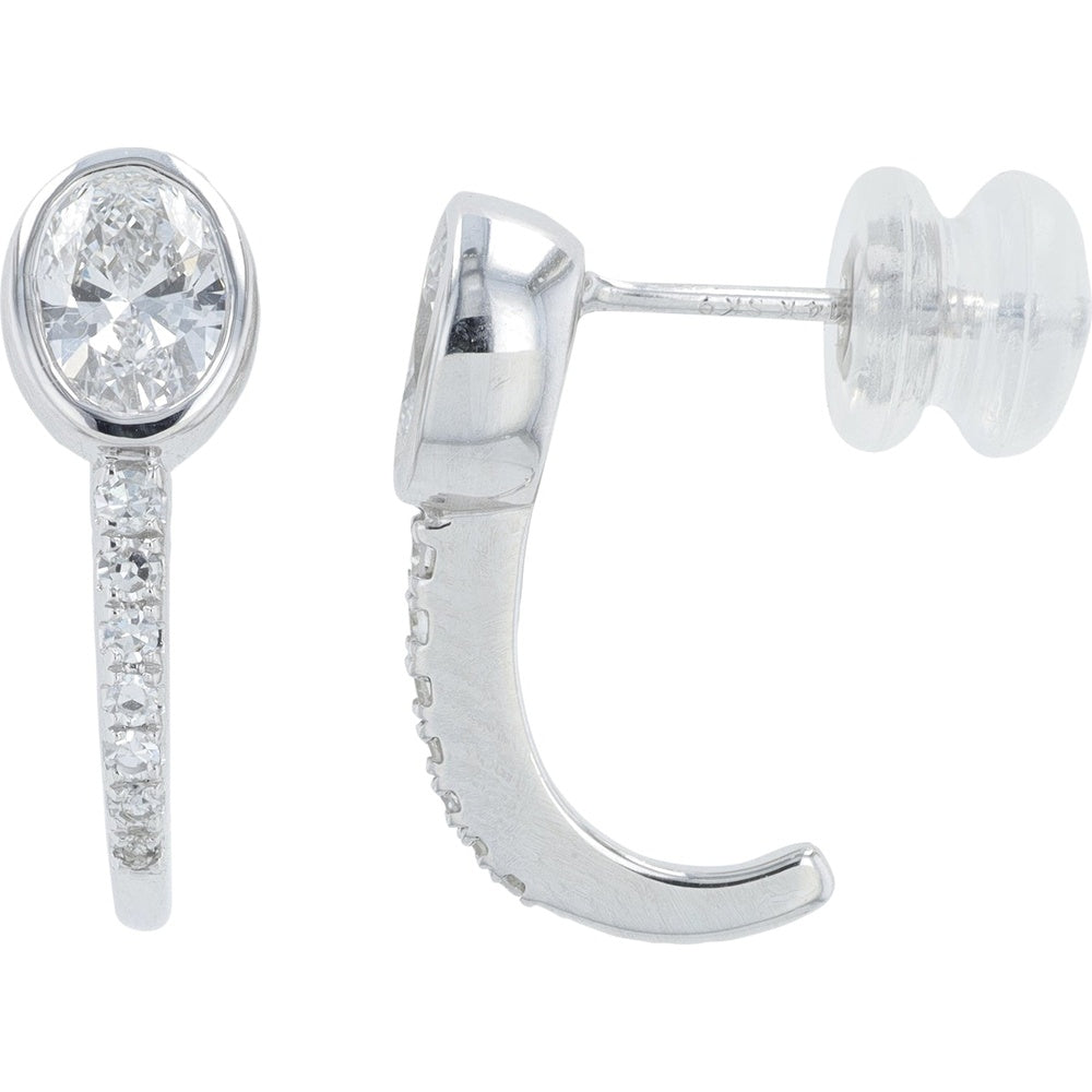 14K White Gold Bezel Set Oval Lab Grown Diamond Drop Earrings with Pavé Accent Bar - 0.75 Carat Total Diamond Weight