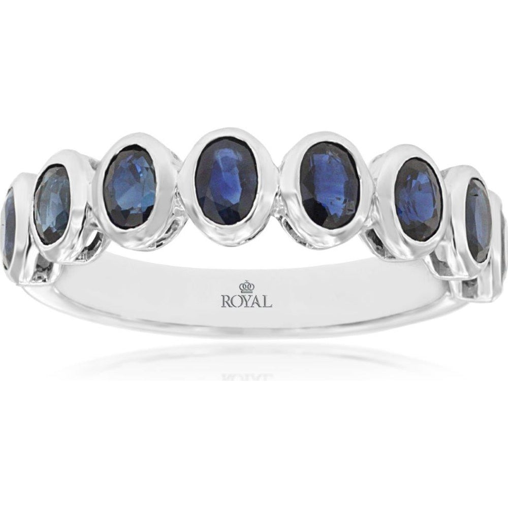 14K White Gold Bezel-Set Oval Sapphire Band Ring - 2.20 Carat Total Gem Weight - Royal Jewelry