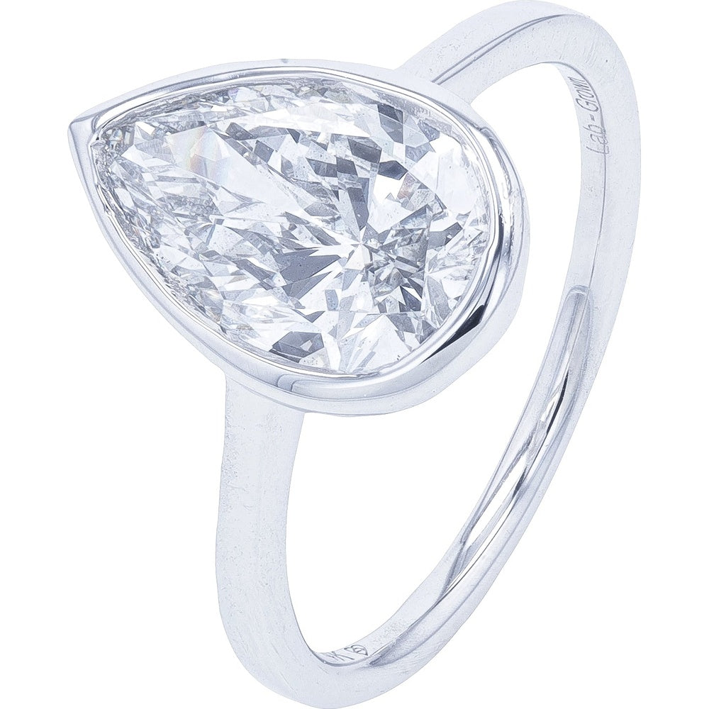 14K White Gold Bezel Set Pear Cut Lab Grown Diamond Engagement Ring - 3.25 Carat Total Weight