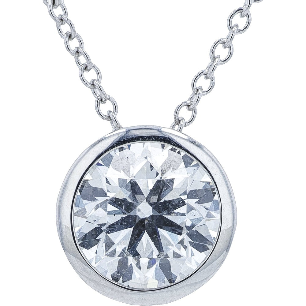 14K White Gold Bezel Set Pendant Necklace with Round Lab Grown Diamond - 2.00 Carat Total Diamond Weight on 18 Inch Chain
