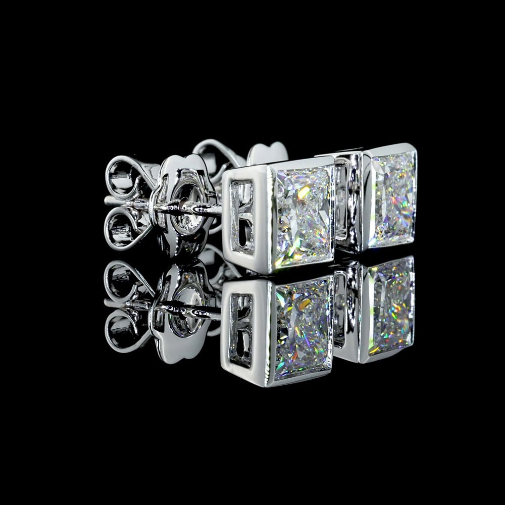 14K White Gold Bezel Set Princess Cut Lab Diamond Stud Earrings - 2.08 Carat Total Weight, D VVS2 GIA Certified - Covaloro Fine Jewelry