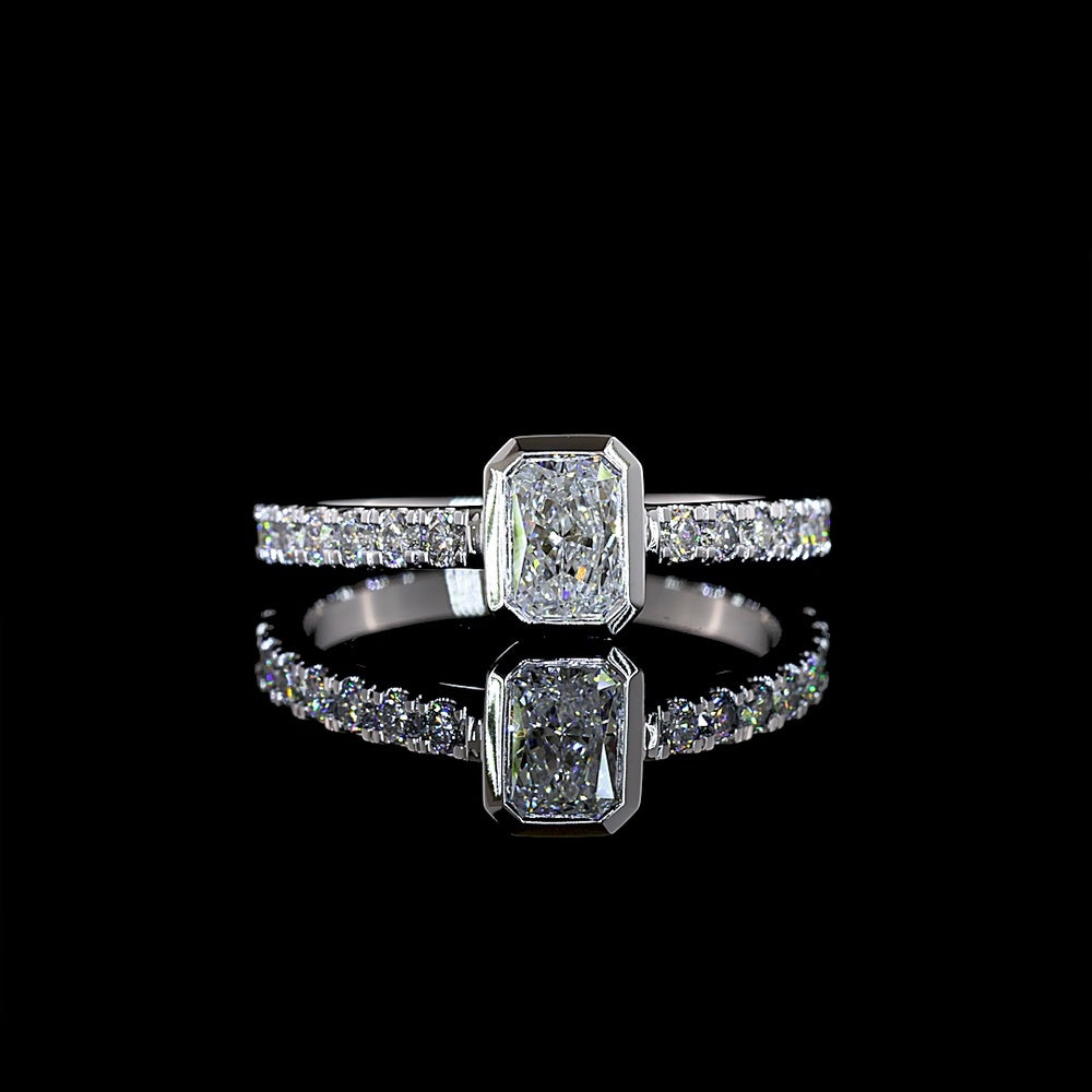 14K White Gold Bezel Set Radiant Cut Diamond Ring with Diamond Shank - 0.80 Carat Total Weight Lab Diamonds - Covaloro Fine Jewelry